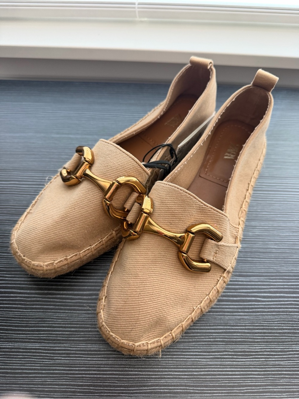 Zara Tan Canvas Loafers with Gold Horsebit Hardware